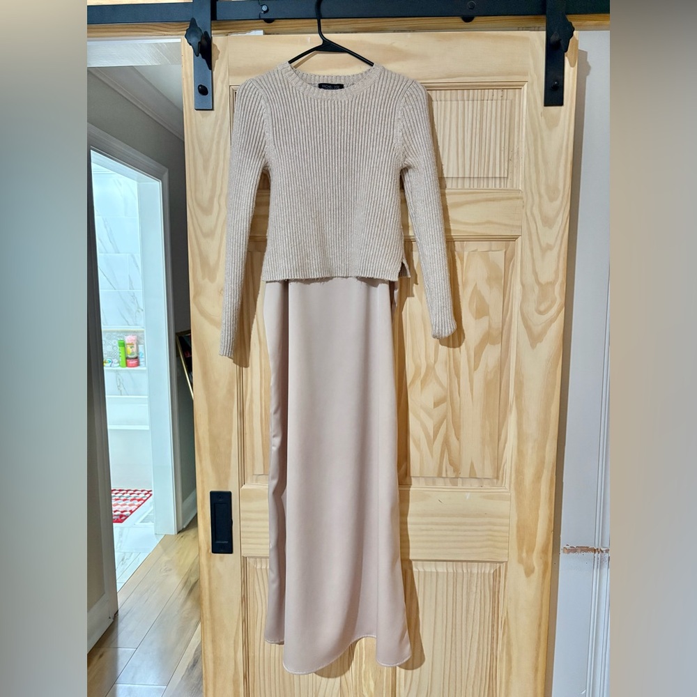 Rachel Zoe Cream Ribbed Sweater and Satin Skirt Ensemble